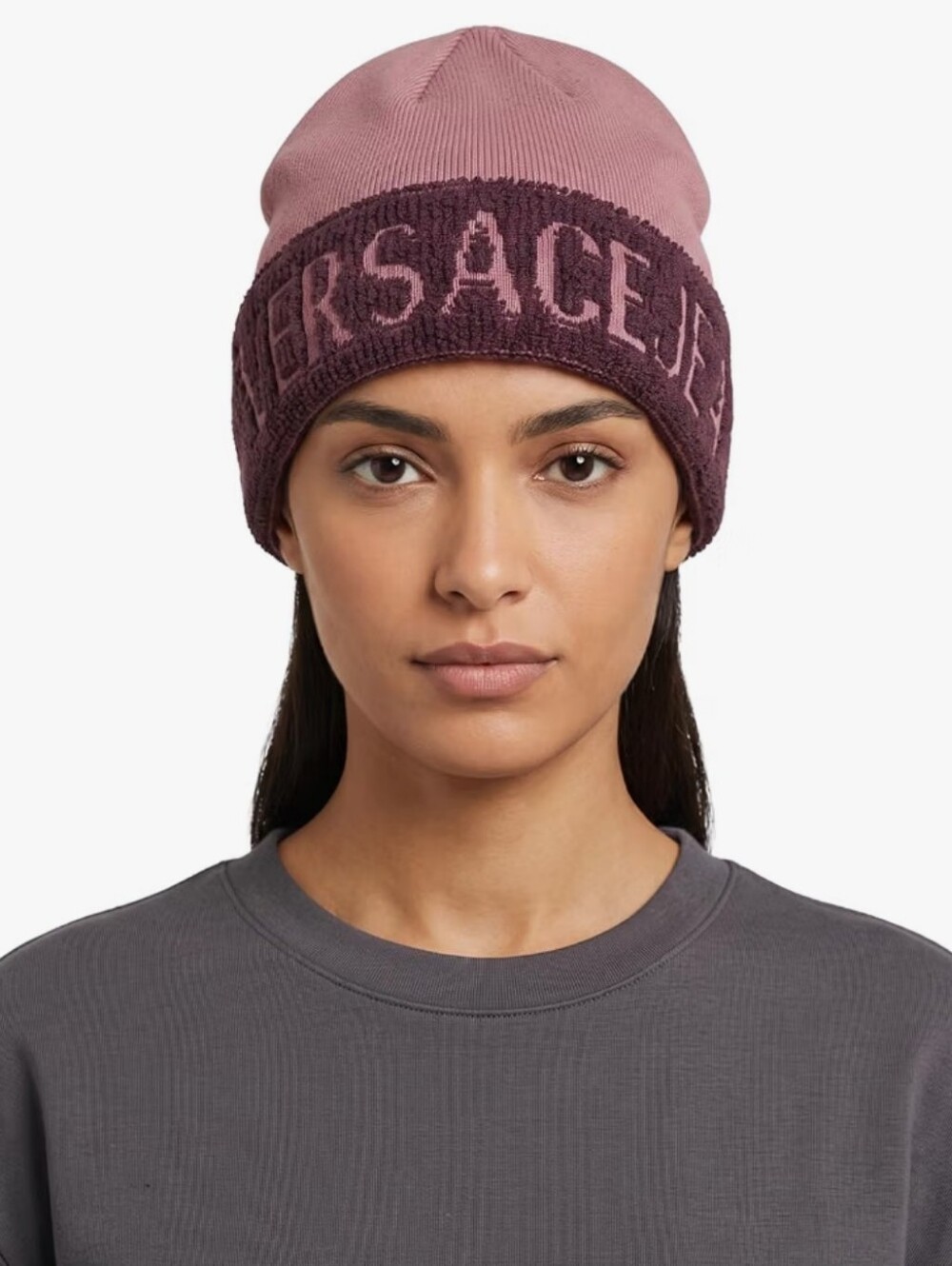Versace Jeans Collection Dusty Pink & Plum Logo Knit Beanie